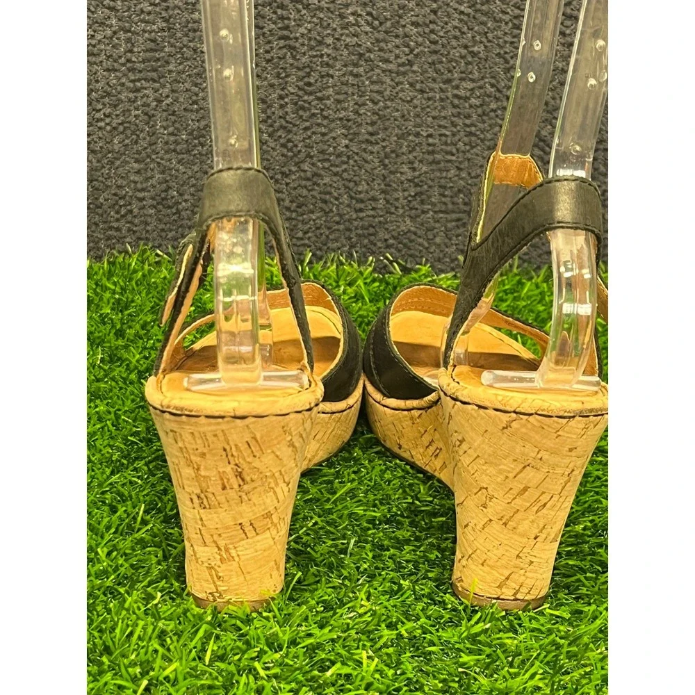 Born Womens Black Leather Cork Wedge Sandals Ankle Strap Platform Shoes Size 9